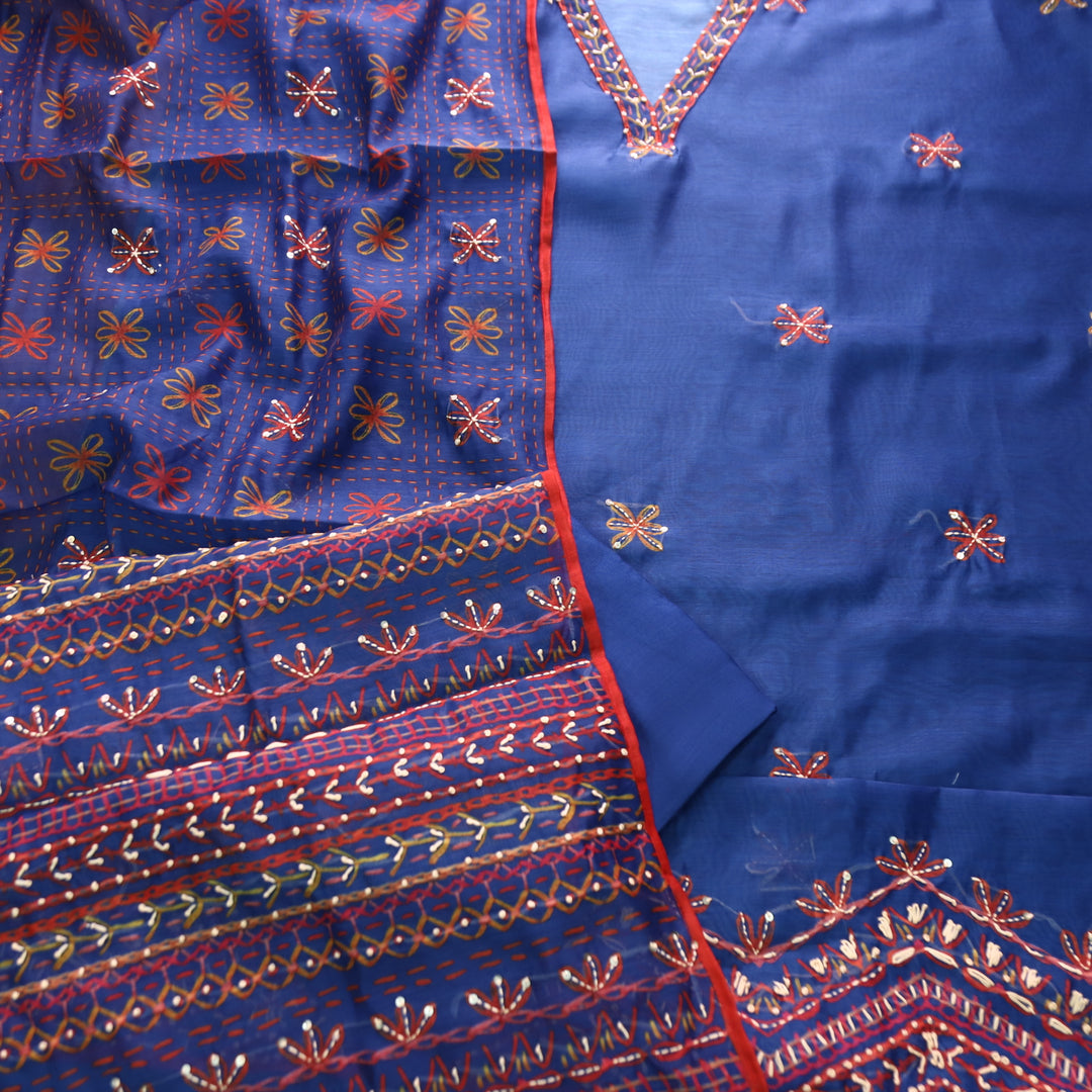 Avisha Peacock Blue V Neck Kantha Embroidery Work Chanderi Suit Set
