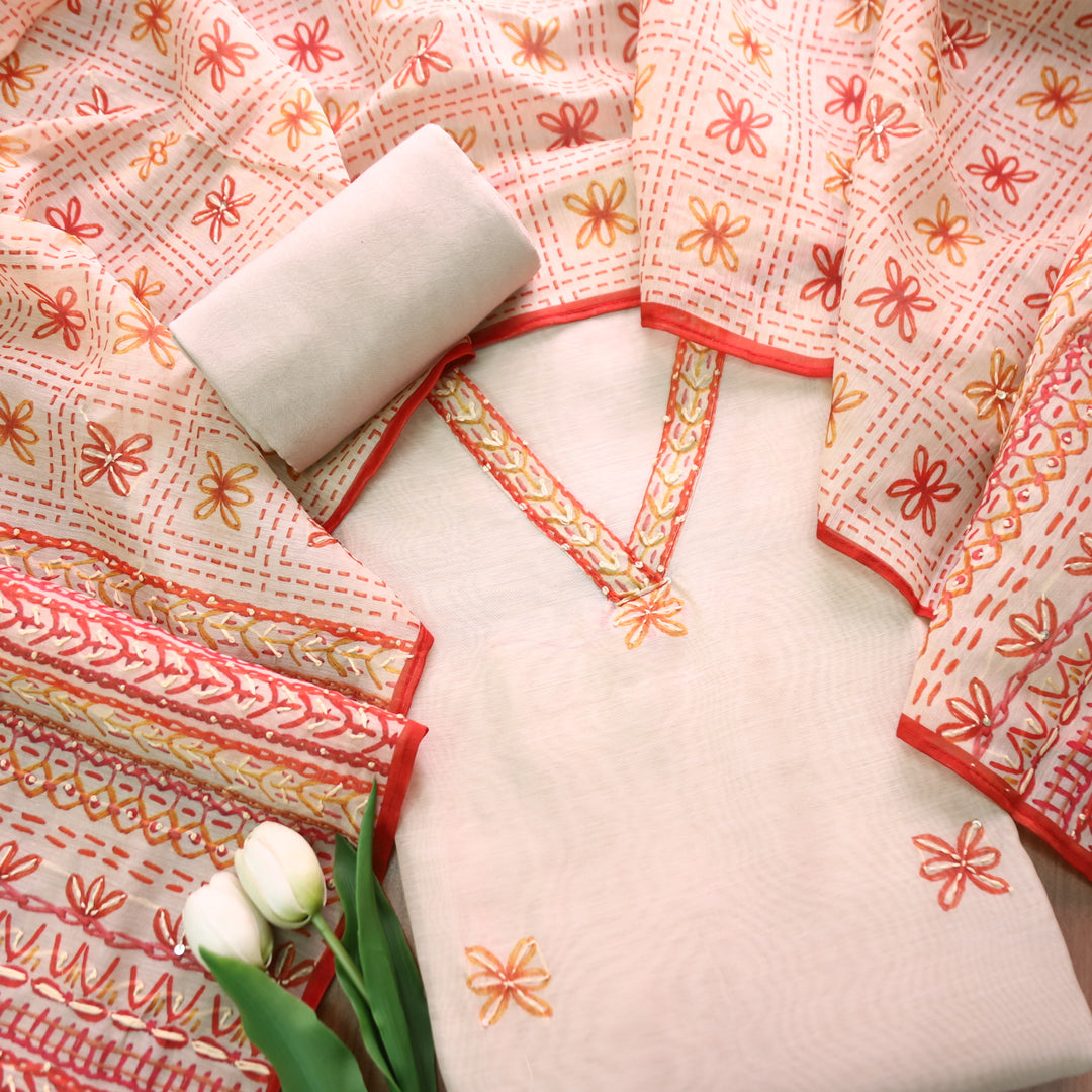 Avisha Podwer White V Neck Kantha Embroidery Work Chanderi Suit Set