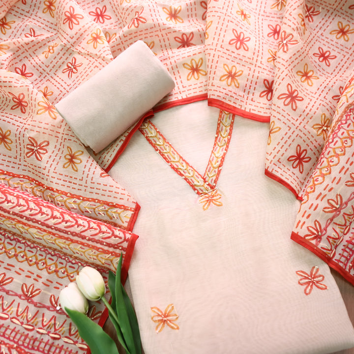 Avisha Podwer White V Neck Kantha Embroidery Work Chanderi Suit Set