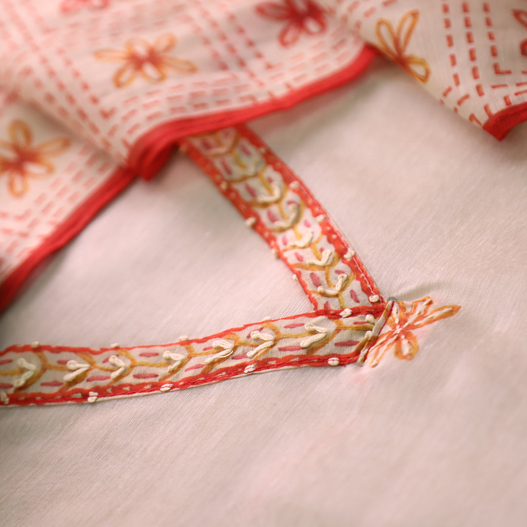 Avisha Podwer White V Neck Kantha Embroidery Work Chanderi Suit Set