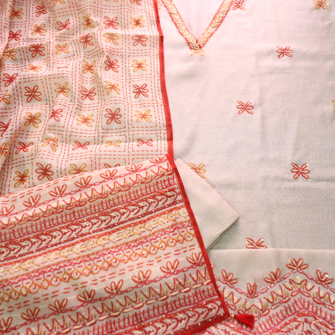 Avisha Podwer White V Neck Kantha Embroidery Work Chanderi Suit Set