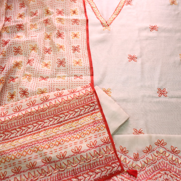 Avisha Podwer White V Neck Kantha Embroidery Work Chanderi Suit Set
