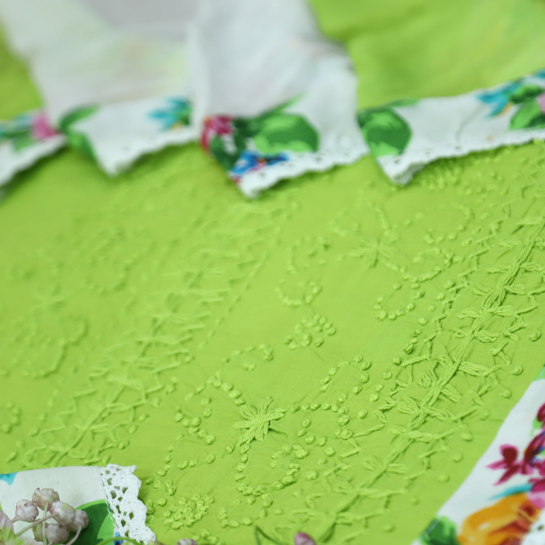 Amber Parrot Green French Knot Hem Work with Patch Cotton Suit Set
