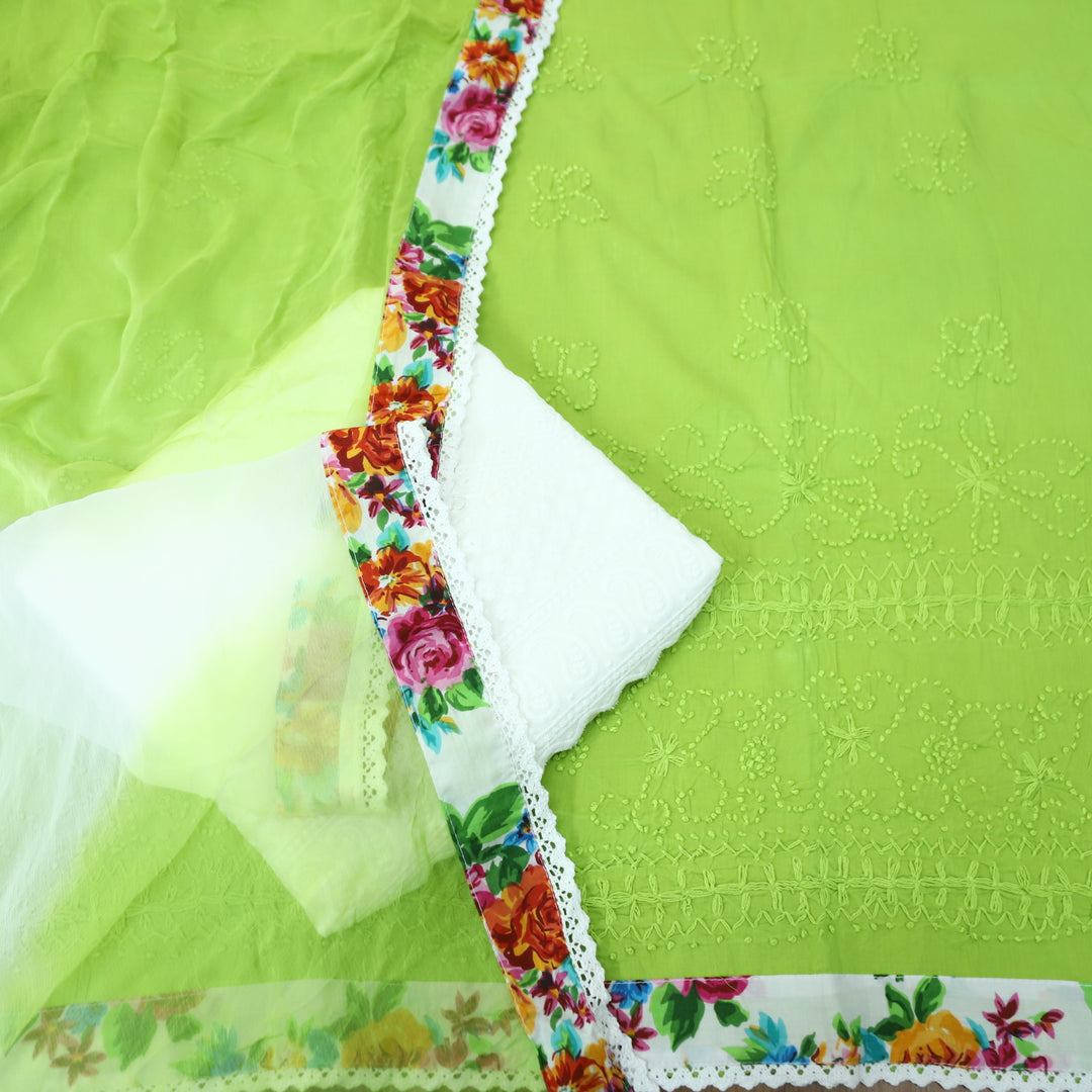 Amber Parrot Green French Knot Hem Work with Patch Cotton Suit Set