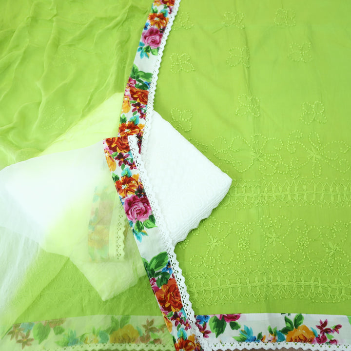 Amber Parrot Green French Knot Hem Work with Patch Cotton Suit Set