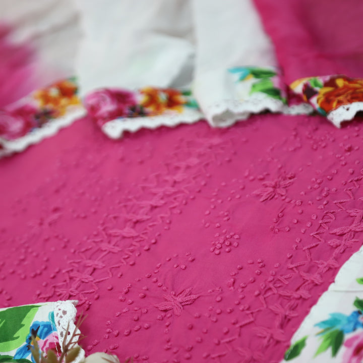 Amber Magenta Pink French Knot Hem Work with Patch Cotton Suit Set