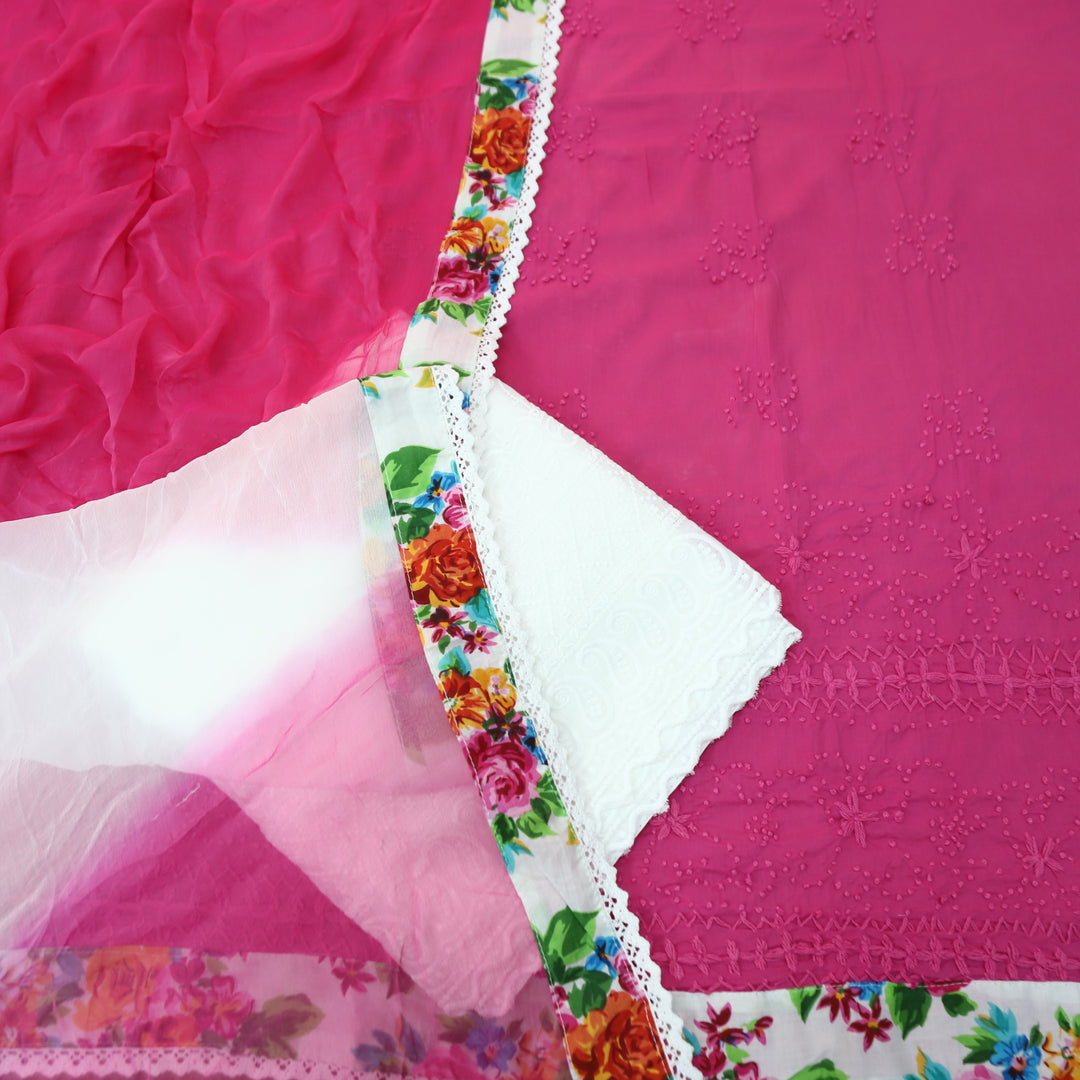 Amber Magenta Pink French Knot Hem Work with Patch Cotton Suit Set