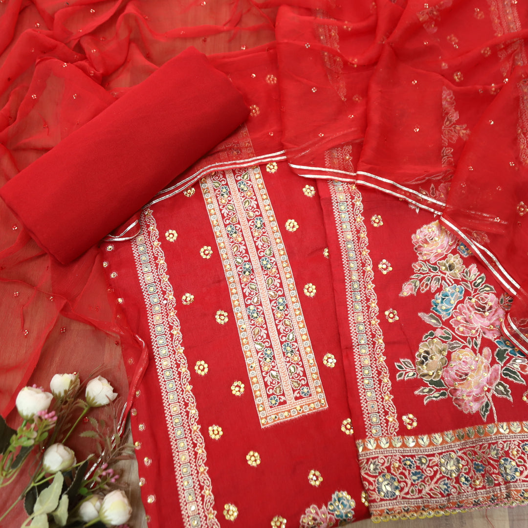 Saundarya Bride Red All Over Zari Work with Jacquard Weaved Dola Silk Suit Set