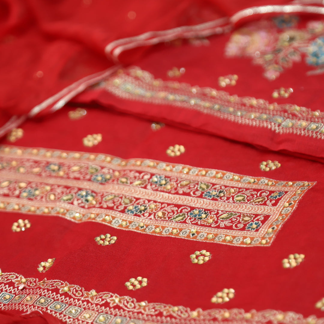 Saundarya Bride Red All Over Zari Work with Jacquard Weaved Dola Silk Suit Set