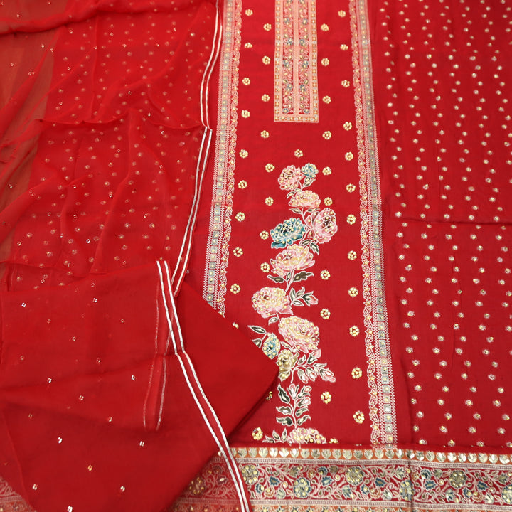Saundarya Bride Red All Over Zari Work with Jacquard Weaved Dola Silk Suit Set
