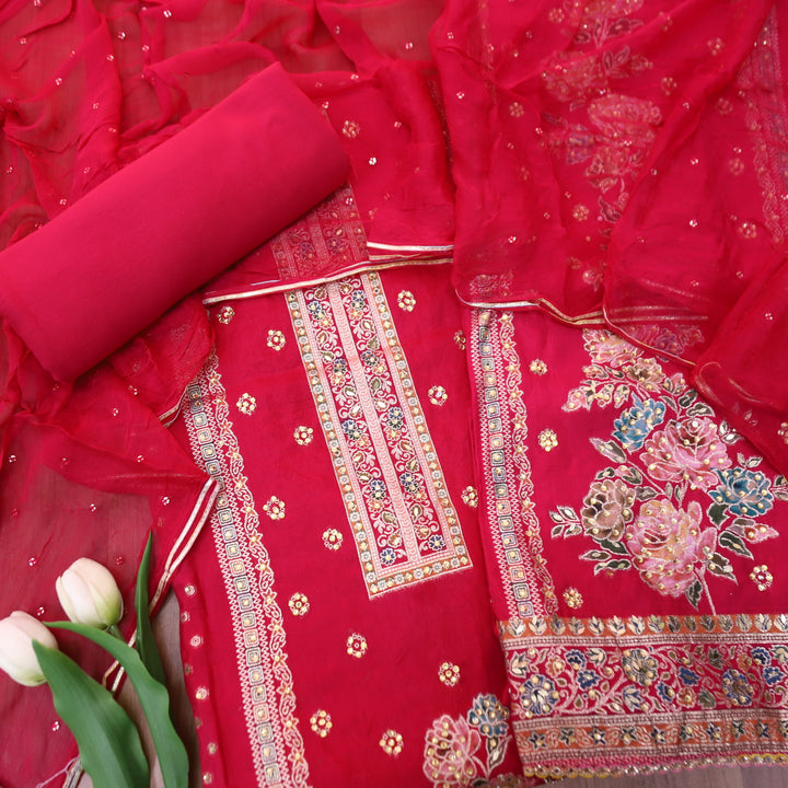 Saundarya Rani Pink All Over Zari Work with Jacquard Weaved Dola Silk Suit Set