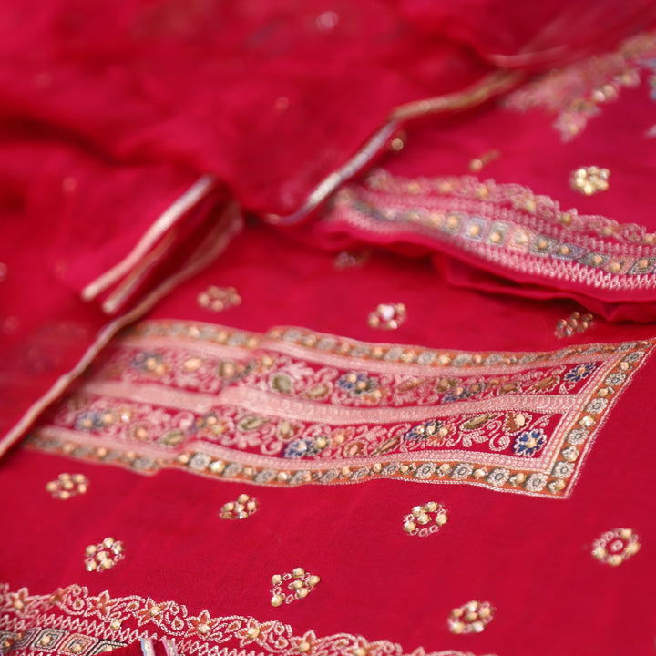Saundarya Rani Pink All Over Zari Work with Jacquard Weaved Dola Silk Suit Set
