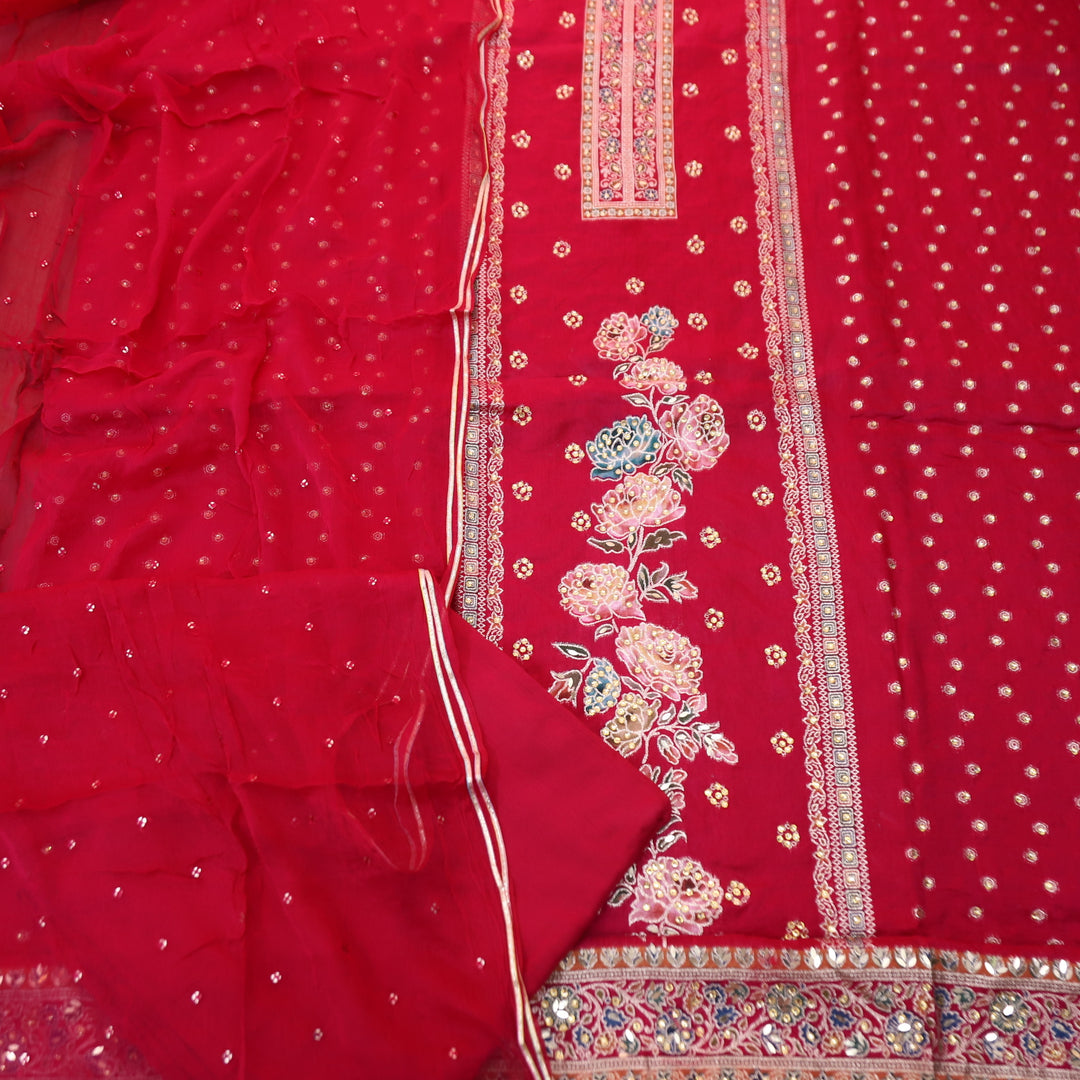 Saundarya Rani Pink All Over Zari Work with Jacquard Weaved Dola Silk Suit Set