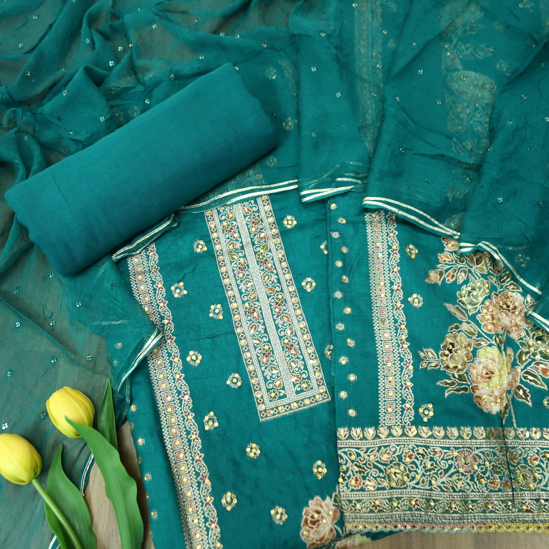 Saundarya Emerald Teal All Over Zari Work with Jacquard Weaved Dola Silk Suit Set