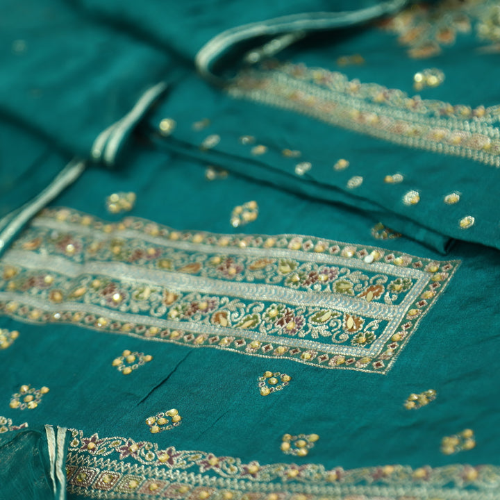 Saundarya Emerald Teal All Over Zari Work with Jacquard Weaved Dola Silk Suit Set