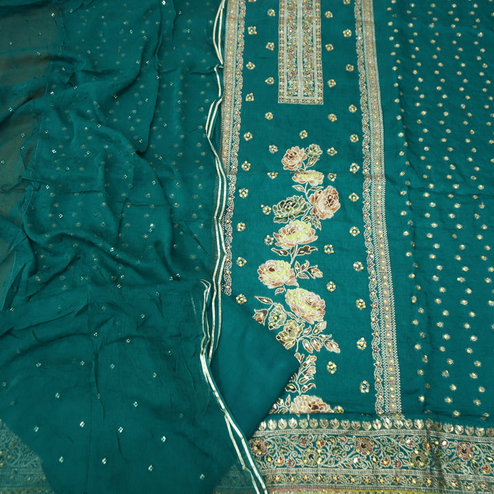 Saundarya Emerald Teal All Over Zari Work with Jacquard Weaved Dola Silk Suit Set