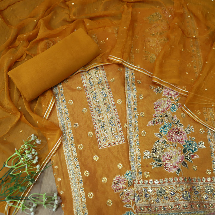 Saundarya Mustard Yellow All Over Zari Work with Jacquard Weaved Dola Silk Suit Set