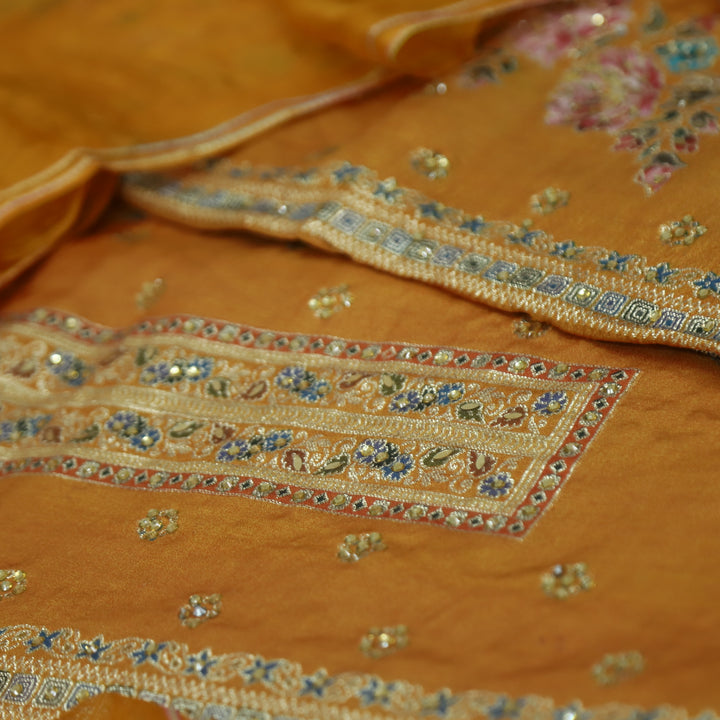 Saundarya Mustard Yellow All Over Zari Work with Jacquard Weaved Dola Silk Suit Set