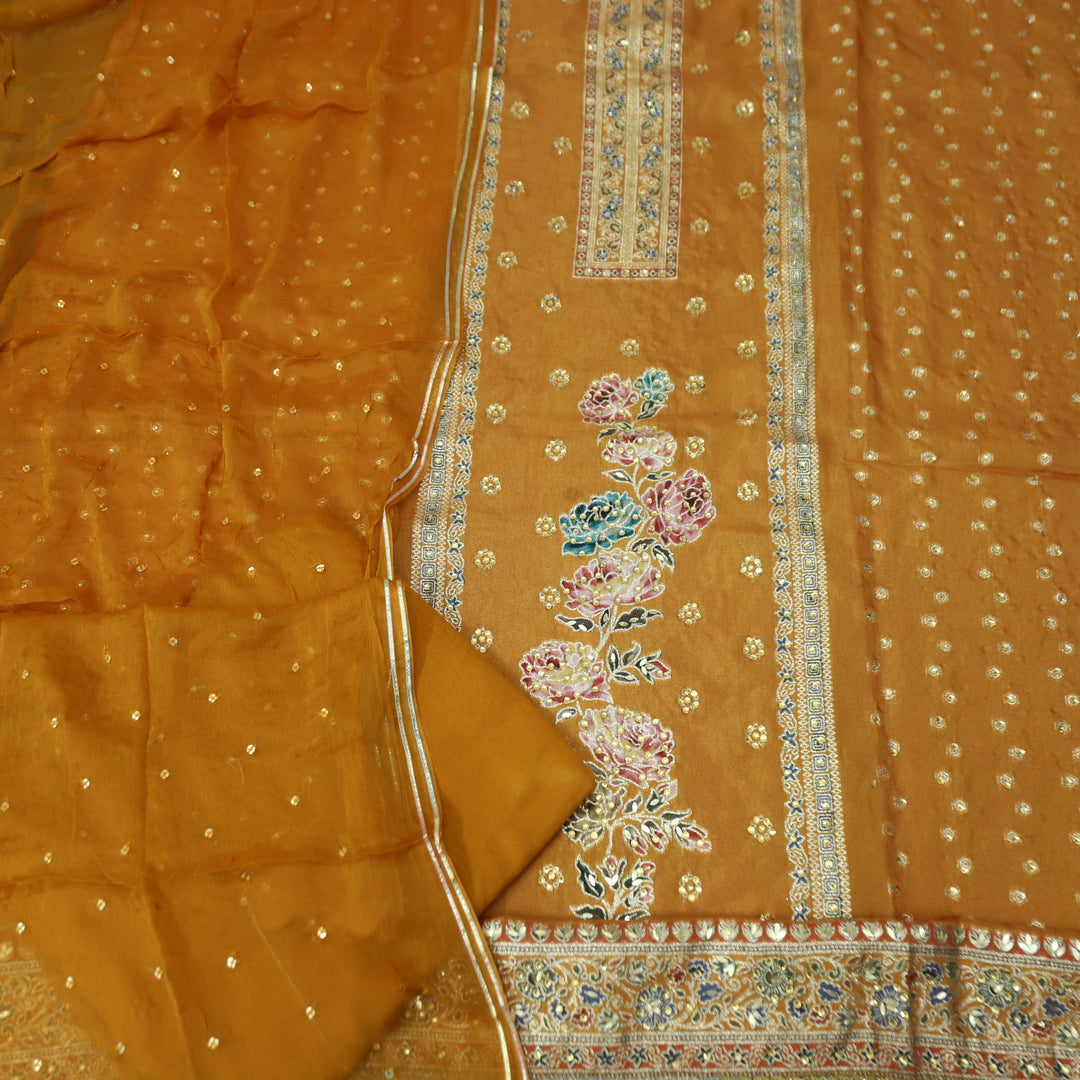 Saundarya Mustard Yellow All Over Zari Work with Jacquard Weaved Dola Silk Suit Set