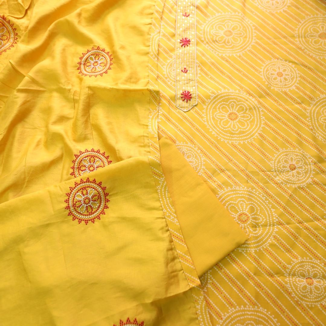 Sajna Custard Yellow Thread Work Patch Neck in bandhani Printed Modal Suit Set