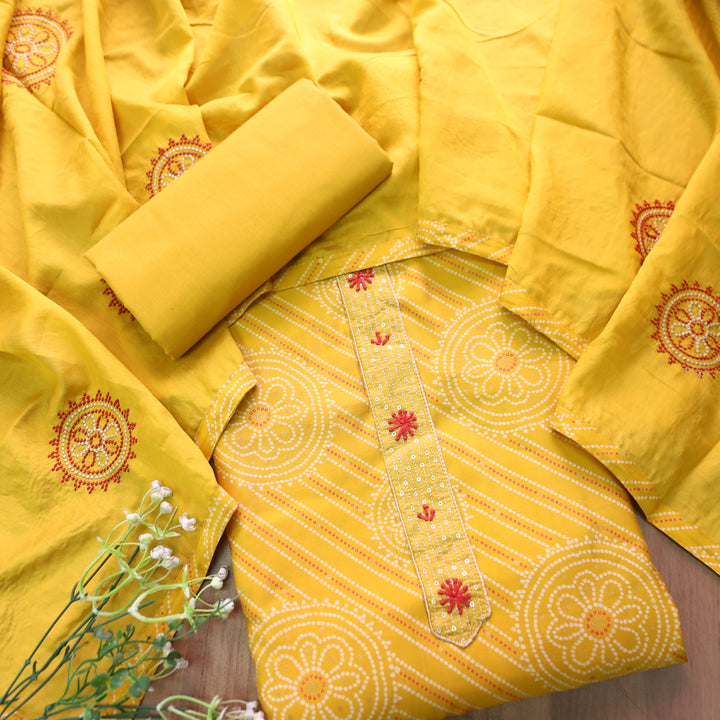 Sajna Custard Yellow Thread Work Patch Neck in bandhani Printed Modal Suit Set