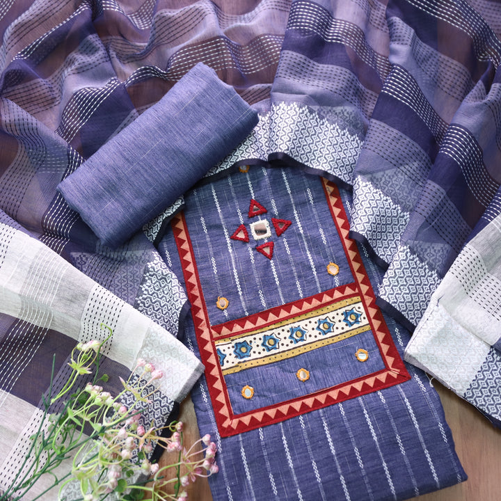 Saawera Faded Denim Blue with Kutch Style Mirror Yoke in Weaved South Cotton Set