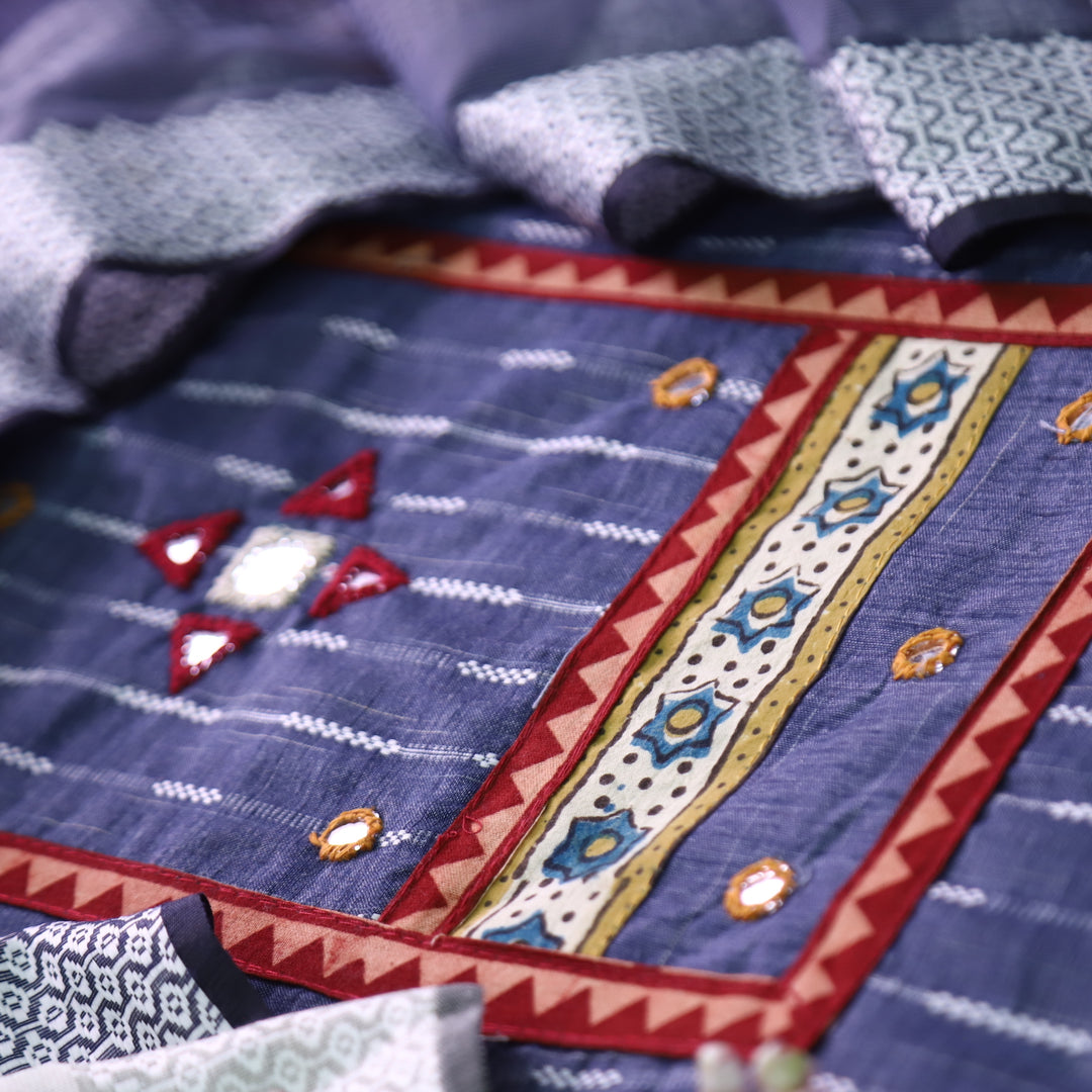 Saawera Faded Denim Blue with Kutch Style Mirror Yoke in Weaved South Cotton Set