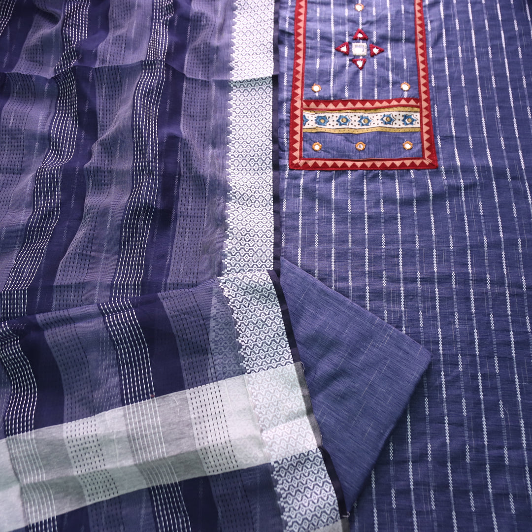 Saawera Faded Denim Blue with Kutch Style Mirror Yoke in Weaved South Cotton Set