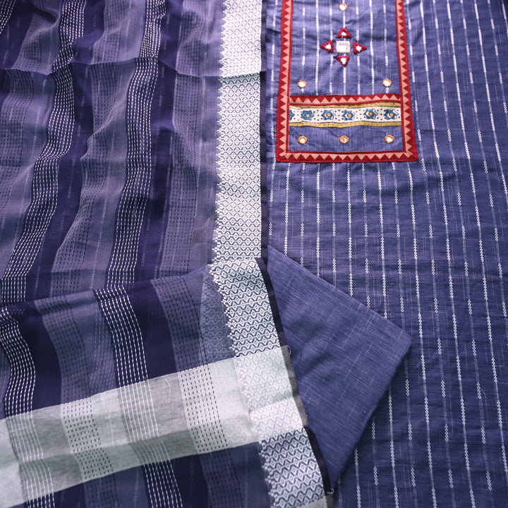 Saawera Faded Denim Blue with Kutch Style Mirror Yoke in Weaved South Cotton Set