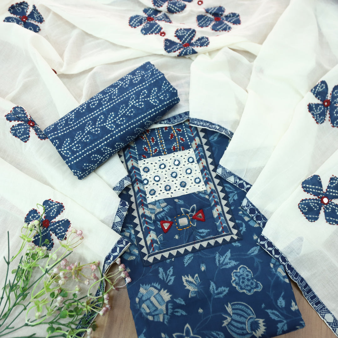 Rushna Navy Blue Kutch Embroidered Neck Yoke in Dabu Printed Cotton Suit Set D1