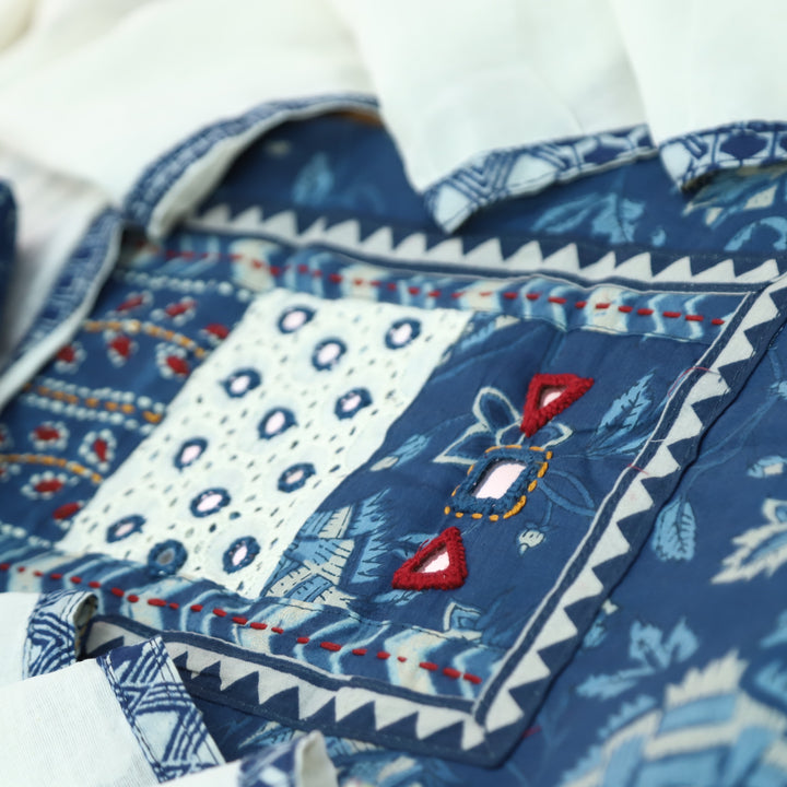 Rushna Navy Blue Kutch Embroidered Neck Yoke in Dabu Printed Cotton Suit Set D1