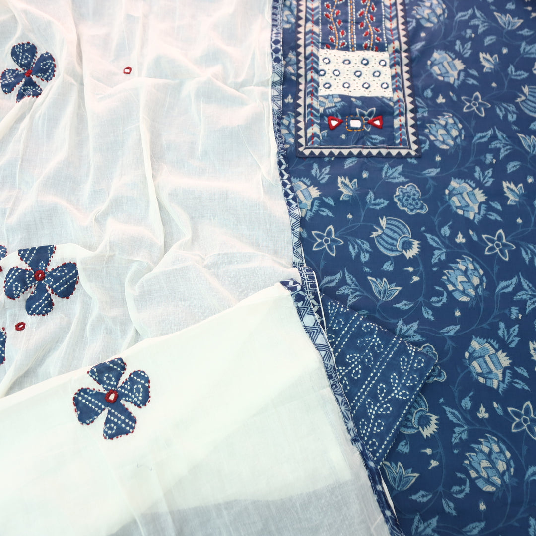 Rushna Navy Blue Kutch Embroidered Neck Yoke in Dabu Printed Cotton Suit Set D1