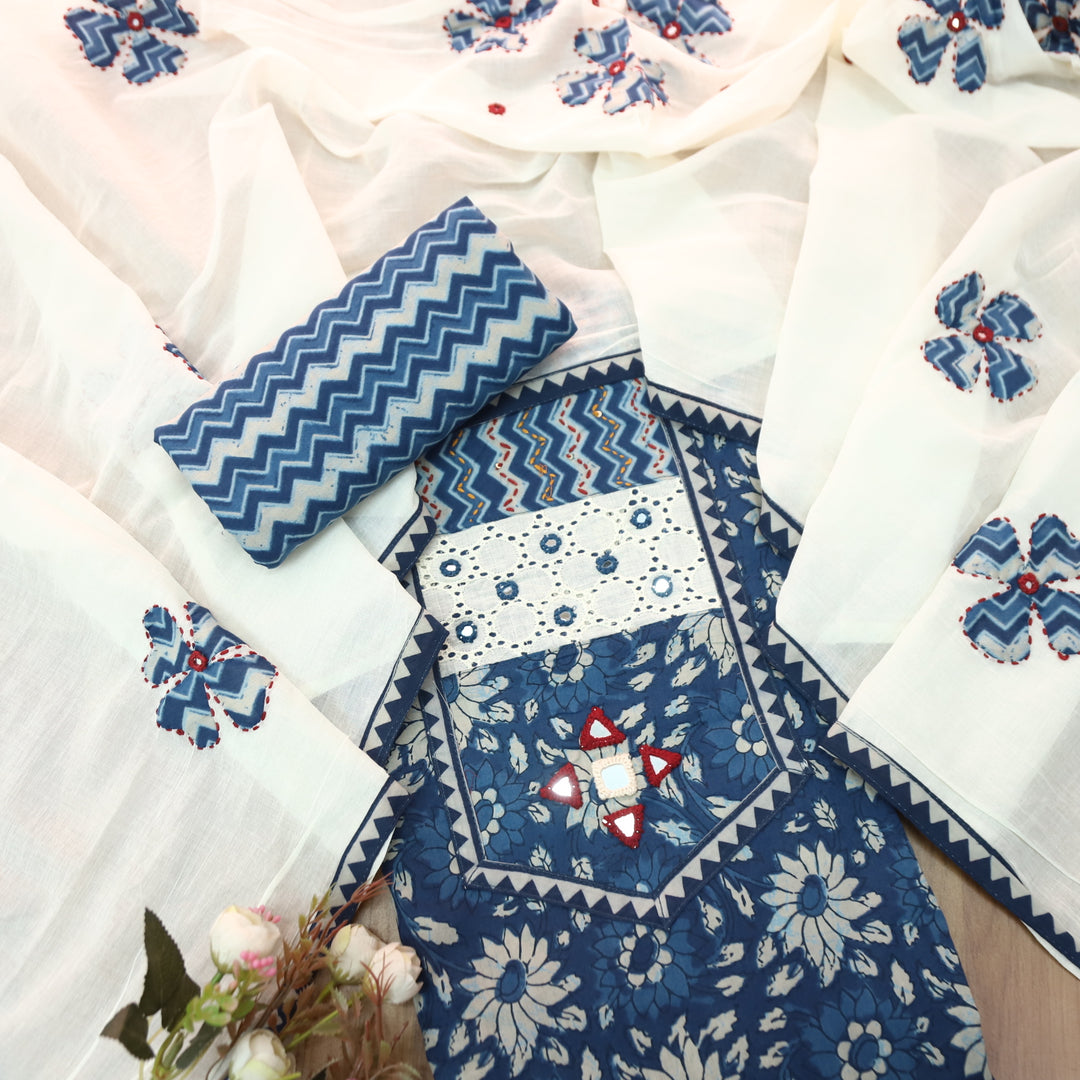 Rushna Navy Blue Kutch Embroidered Neck Yoke in Dabu Printed Cotton Suit Set D2