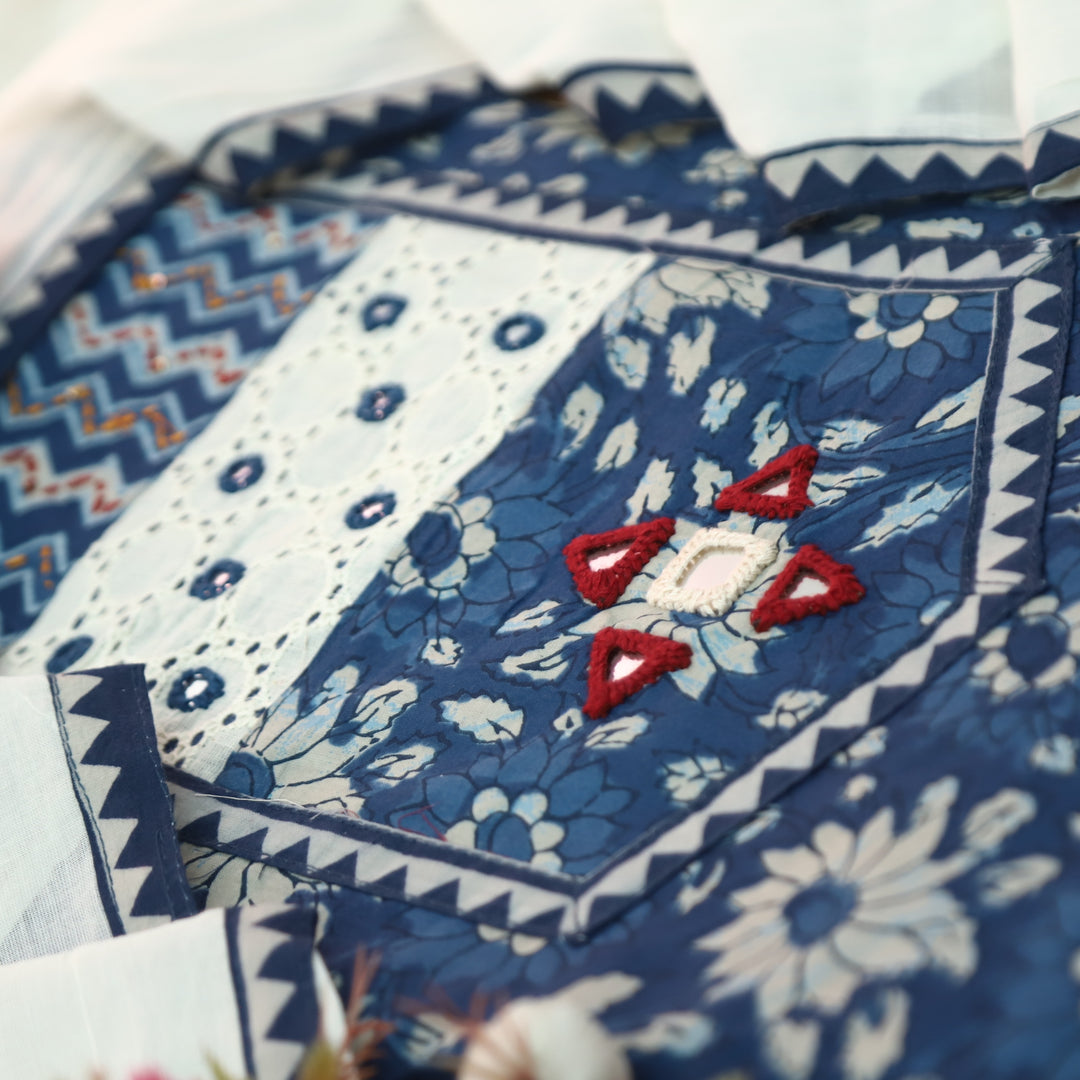 Rushna Navy Blue Kutch Embroidered Neck Yoke in Dabu Printed Cotton Suit Set D2