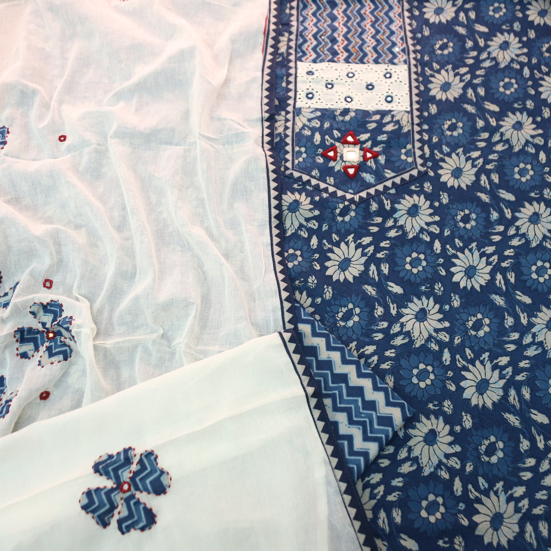 Rushna Navy Blue Kutch Embroidered Neck Yoke in Dabu Printed Cotton Suit Set D2
