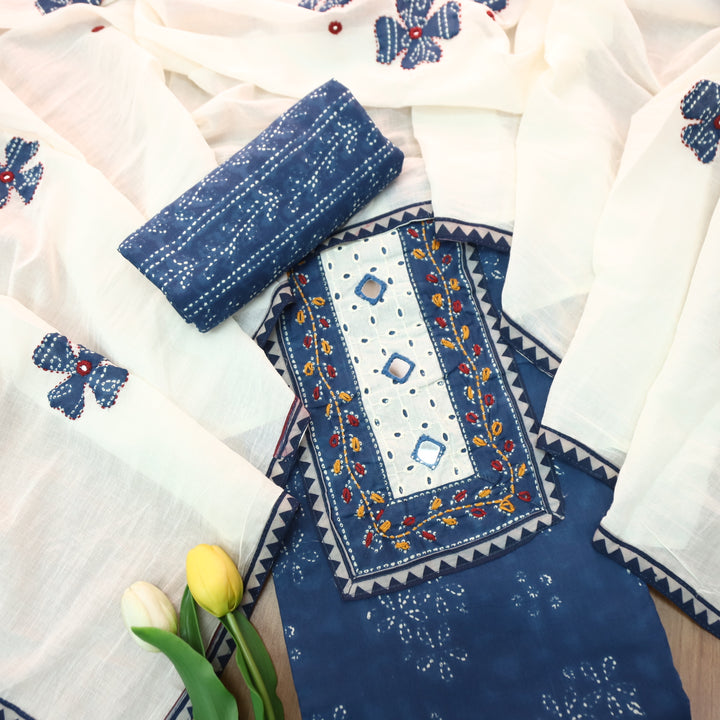 Rushna Navy Blue Kutch Embroidered Neck Yoke in Dabu Printed Cotton Suit Set-D3