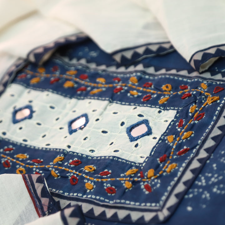 Rushna Navy Blue Kutch Embroidered Neck Yoke in Dabu Printed Cotton Suit Set-D3