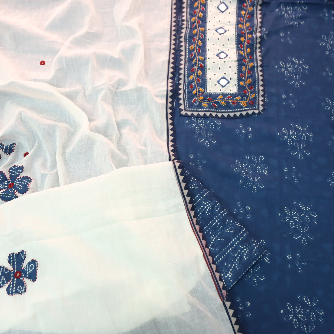 Rushna Navy Blue Kutch Embroidered Neck Yoke in Dabu Printed Cotton Suit Set-D3