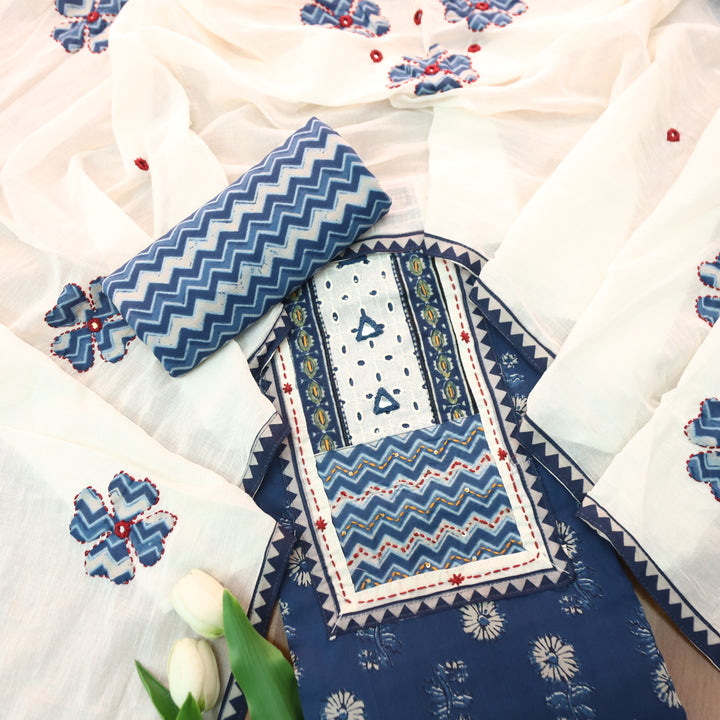 Rushna Navy Blue Kutch Embroidered Neck Yoke in Dabu Printed Cotton Suit Set D4