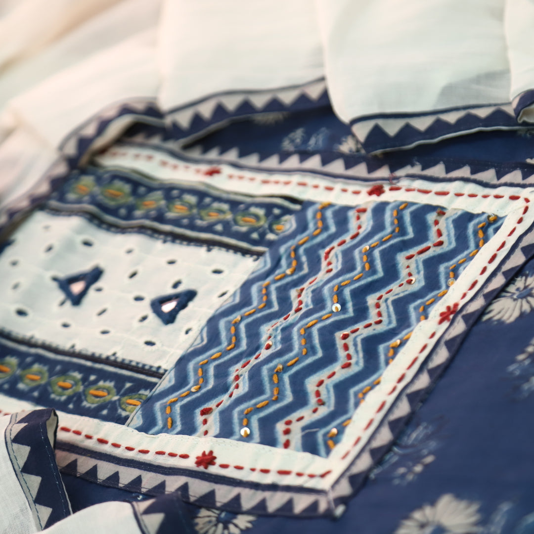 Rushna Navy Blue Kutch Embroidered Neck Yoke in Dabu Printed Cotton Suit Set D4