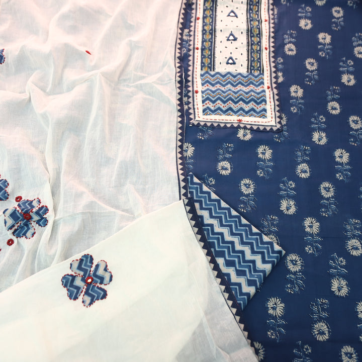 Rushna Navy Blue Kutch Embroidered Neck Yoke in Dabu Printed Cotton Suit Set D4
