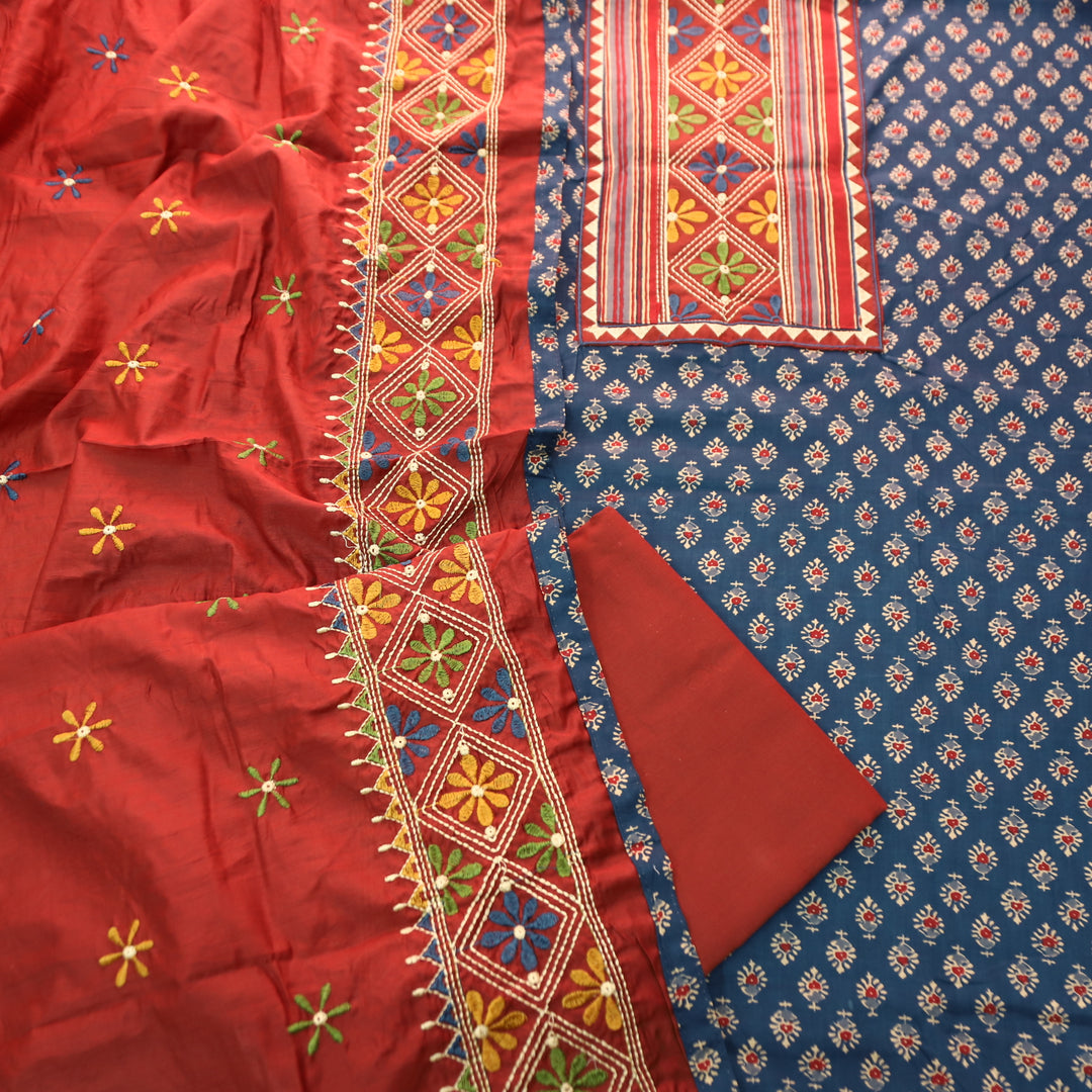 Roshni Denim Blue Kutch Thread Embroidered Yoke on Ajrak Printed Cotton Suit Set