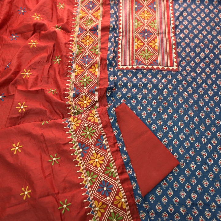 Roshni Denim Blue Kutch Thread Embroidered Yoke on Ajrak Printed Cotton Suit Set