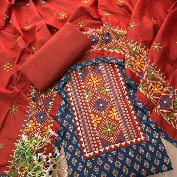 Roshni Denim Blue Kutch Thread Embroidered Yoke on Ajrak Printed Cotton Suit Set