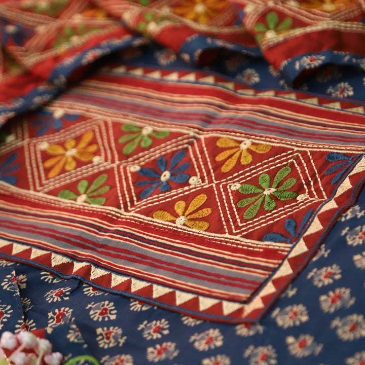 Roshni Denim Blue Kutch Thread Embroidered Yoke on Ajrak Printed Cotton Suit Set