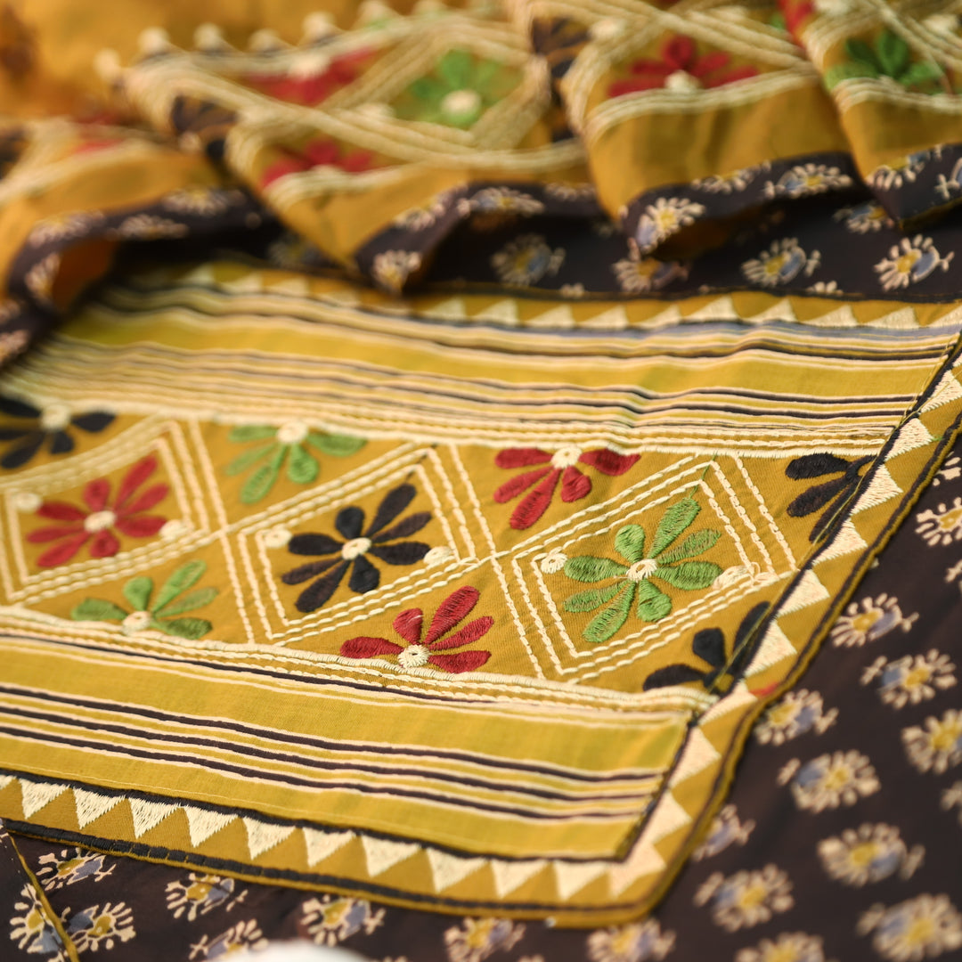 Roshni Ebony Black Kutch Thread Embroidered Yoke on Ajrak Printed Cotton Suit Set