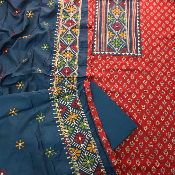 Roshni Apple Red Kutch Thread Embroidered Yoke on Ajrak Printed Cotton Suit Set
