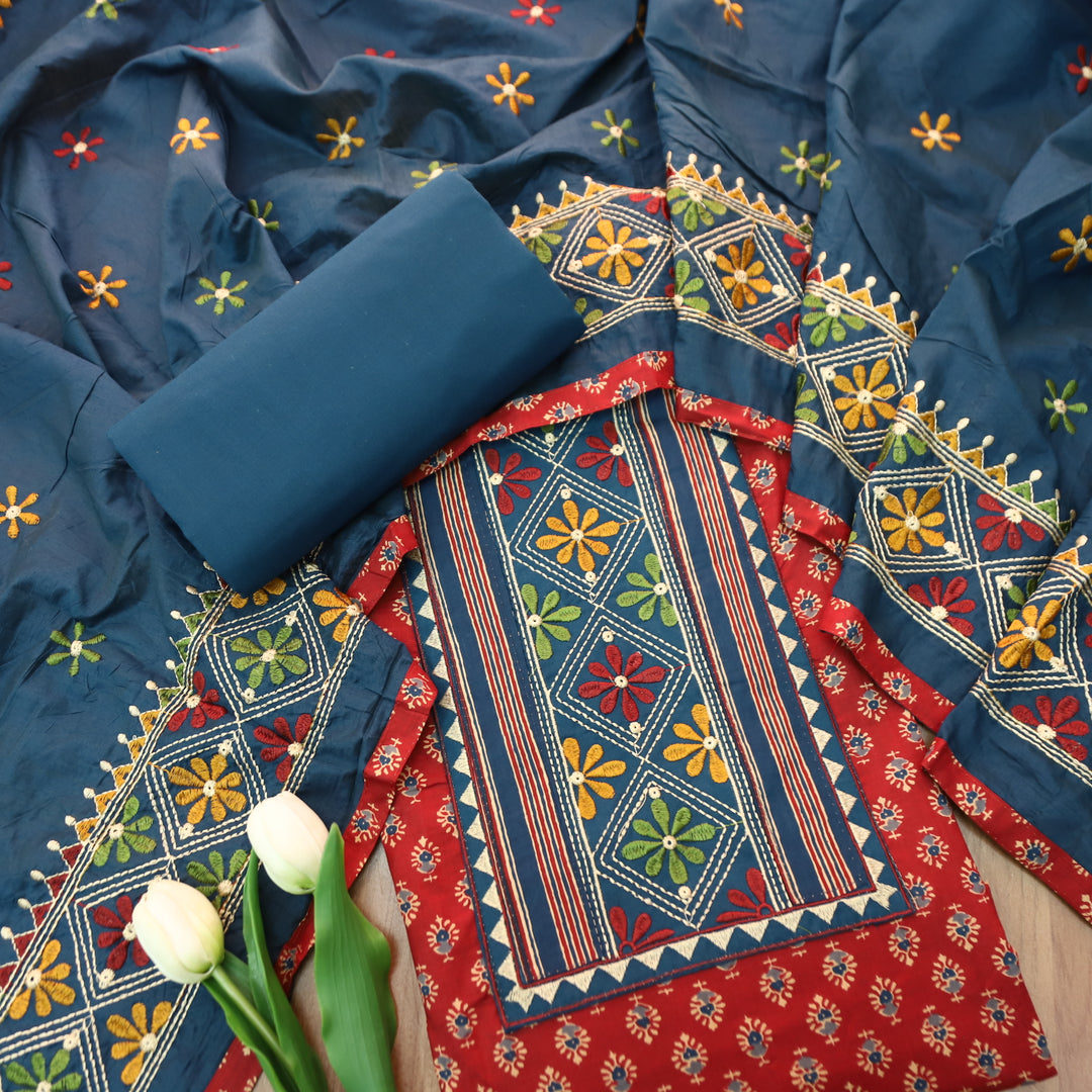 Roshni Apple Red Kutch Thread Embroidered Yoke on Ajrak Printed Cotton Suit Set