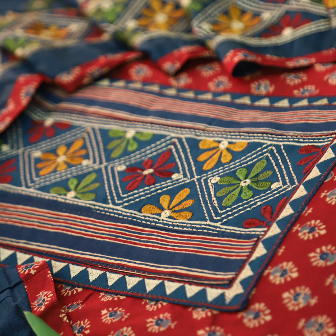 Roshni Apple Red Kutch Thread Embroidered Yoke on Ajrak Printed Cotton Suit Set
