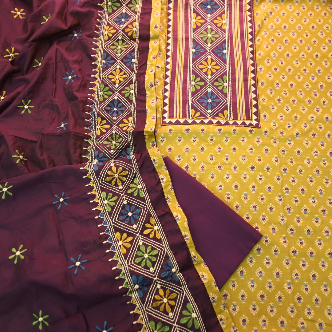 Roshni Mustard Yellow Kutch Thread Embroidered Yoke on Ajrak Printed Cotton Suit Set